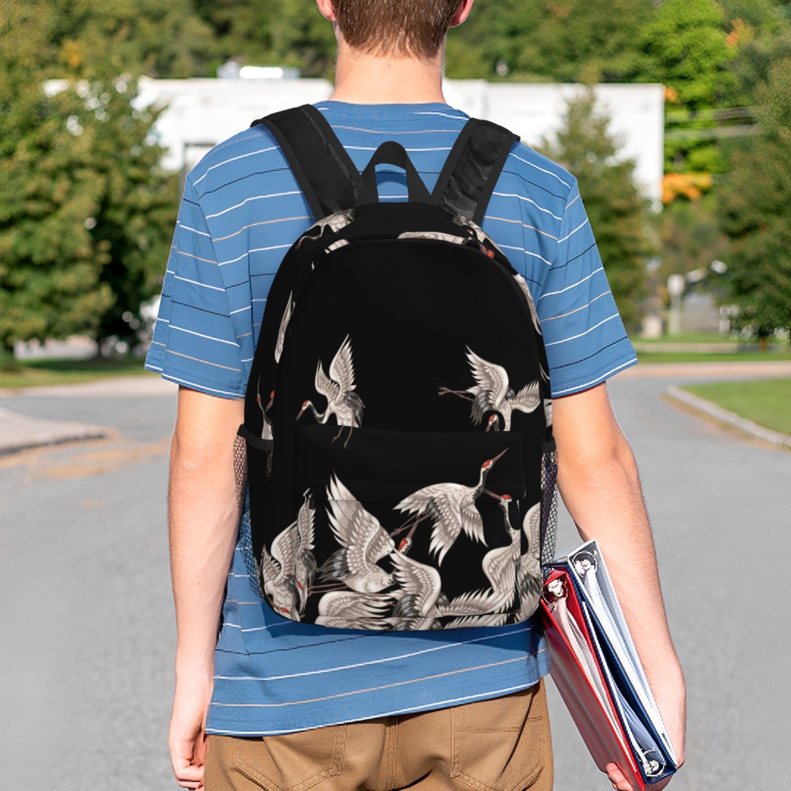 Rateoe Japanese White Crane Pattern Student Backpack Water-resistant Backpack 15-inch Laptop Backpack Lightweight Adjustable School Backpack