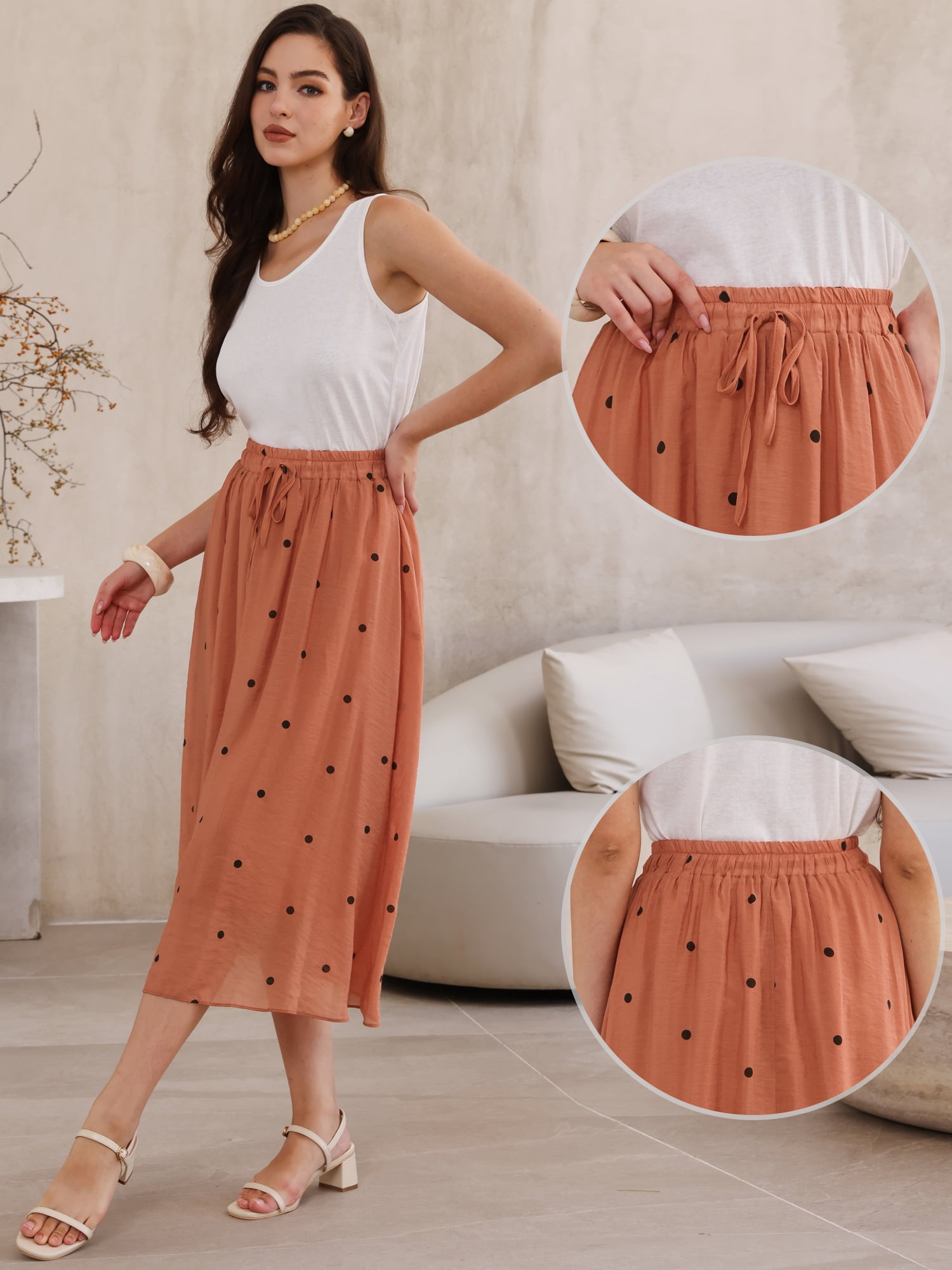 DARING DIVA Women's Elastic Waist Polka Dots Midi Skirts Large Burnt Orange