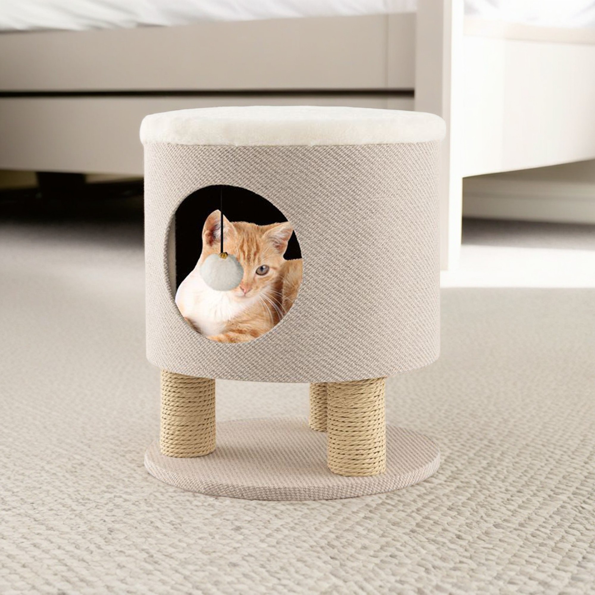Kadyn 18" Cat House for Indoor Cats with Scratching Posts and Plush Ball Toy, Modern Cat Cave Bed, Cat Nest Condo Cute Cat Shelter, Beige