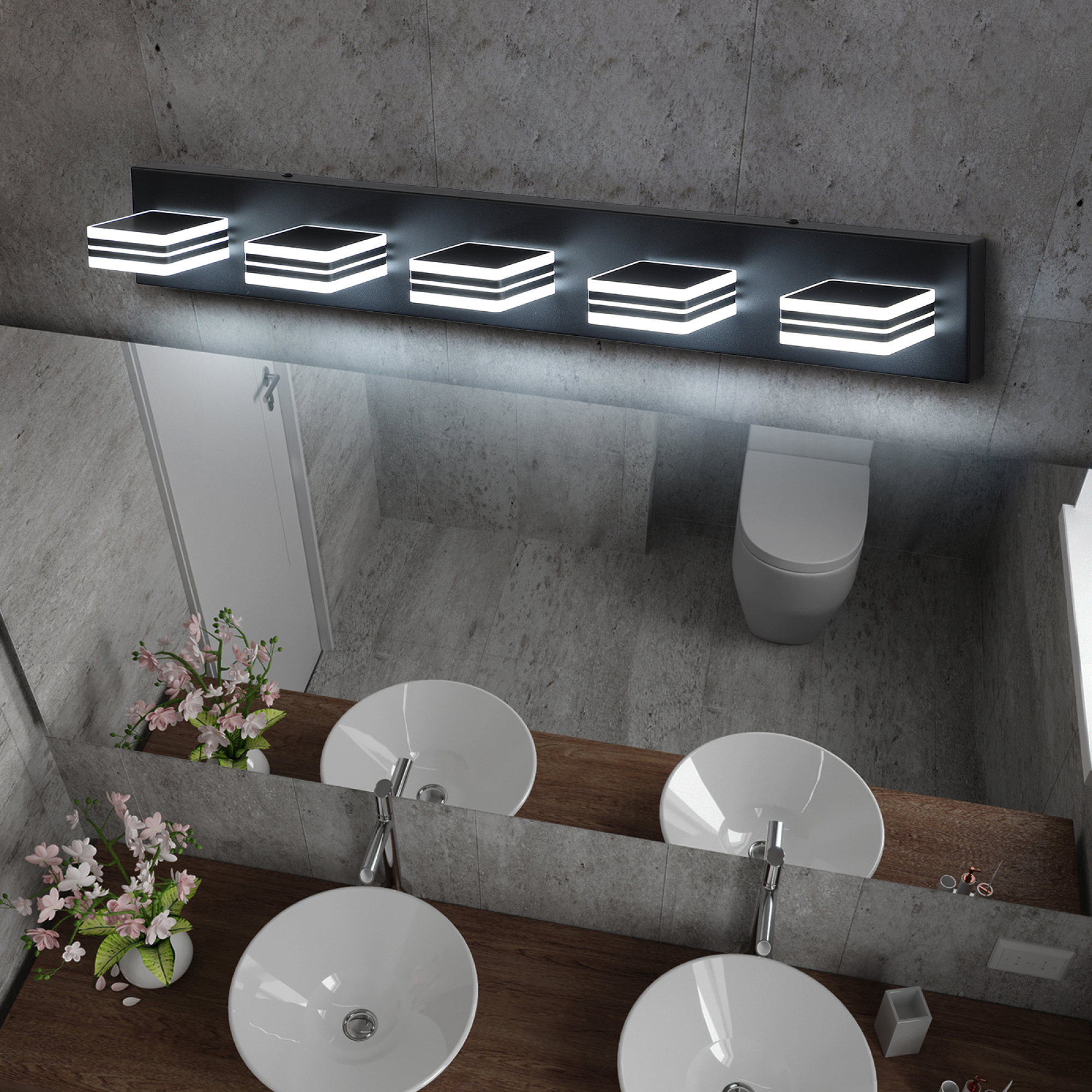 Leumius 32" Modern 5-Light LED Vanity Light, Square Acrylic Lampshades Wall Mount Fixture for Mirror, Bathroom, Bedroom and Hallway Black