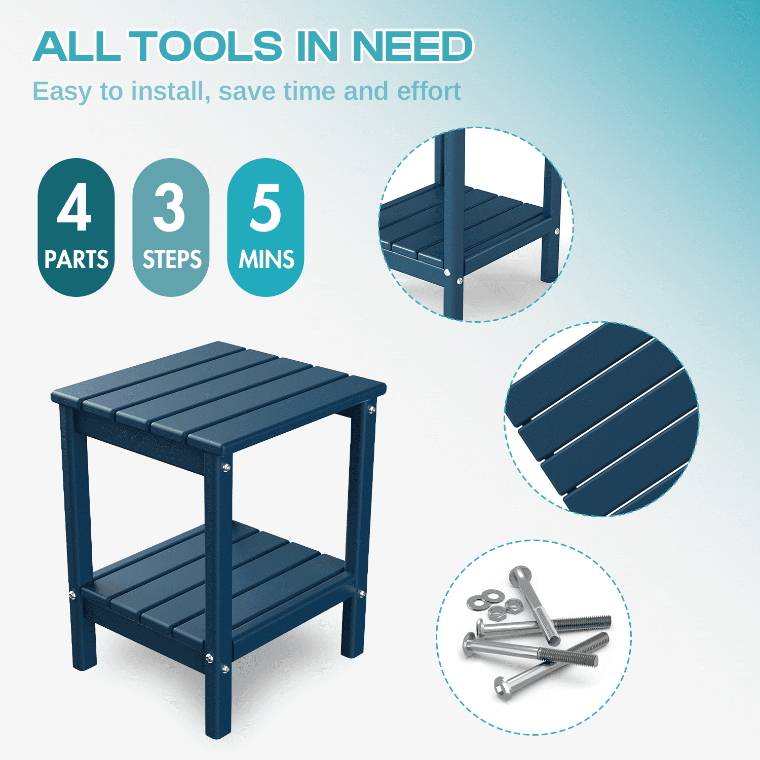 Pipopa Adirondack Outdoor Side Table Set of 2,HDPE All Weather Double Layer Patio Side Table,Rectangular End Table for Garden Balcony Pool,Blue
