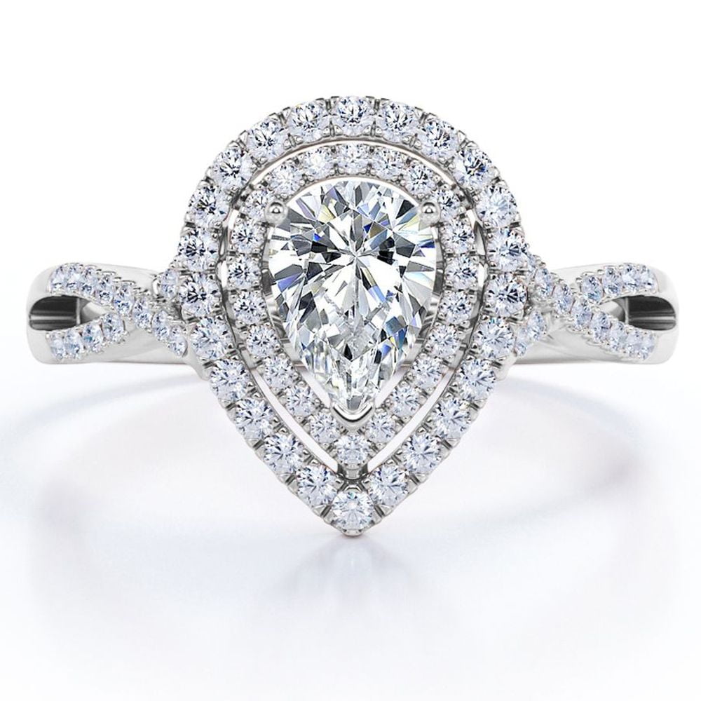 JeenMata Crossover Style 1.25 Carat Almond-Shaped Duo Halo Engagement Ring in 18K White Gold Plating over Silver