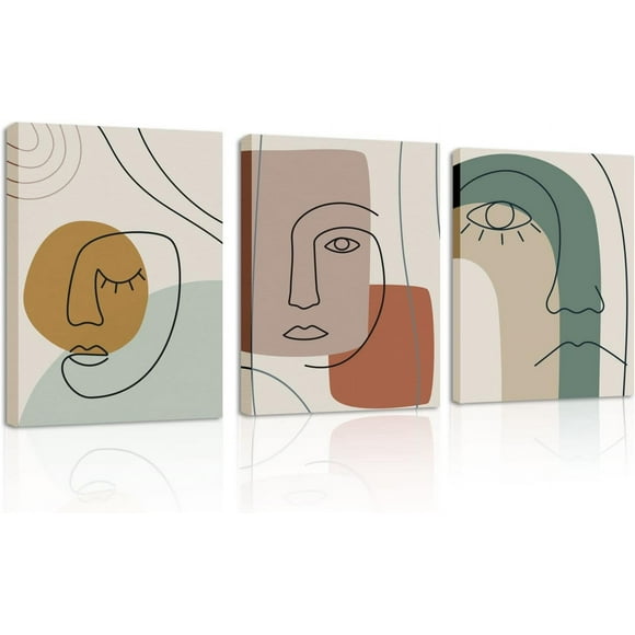 Art Mural sur Toile Encadrée, Ensemble de 3 Oeuvres Murales Bohèmes à Lignes Minimalistes, 12"x16 Pouces Grande Taille Impressions Abstraites Décoration Murale pour Chambre, Salon, Salle à Manger, Décoration Murale Moderne Mi-Siècle
