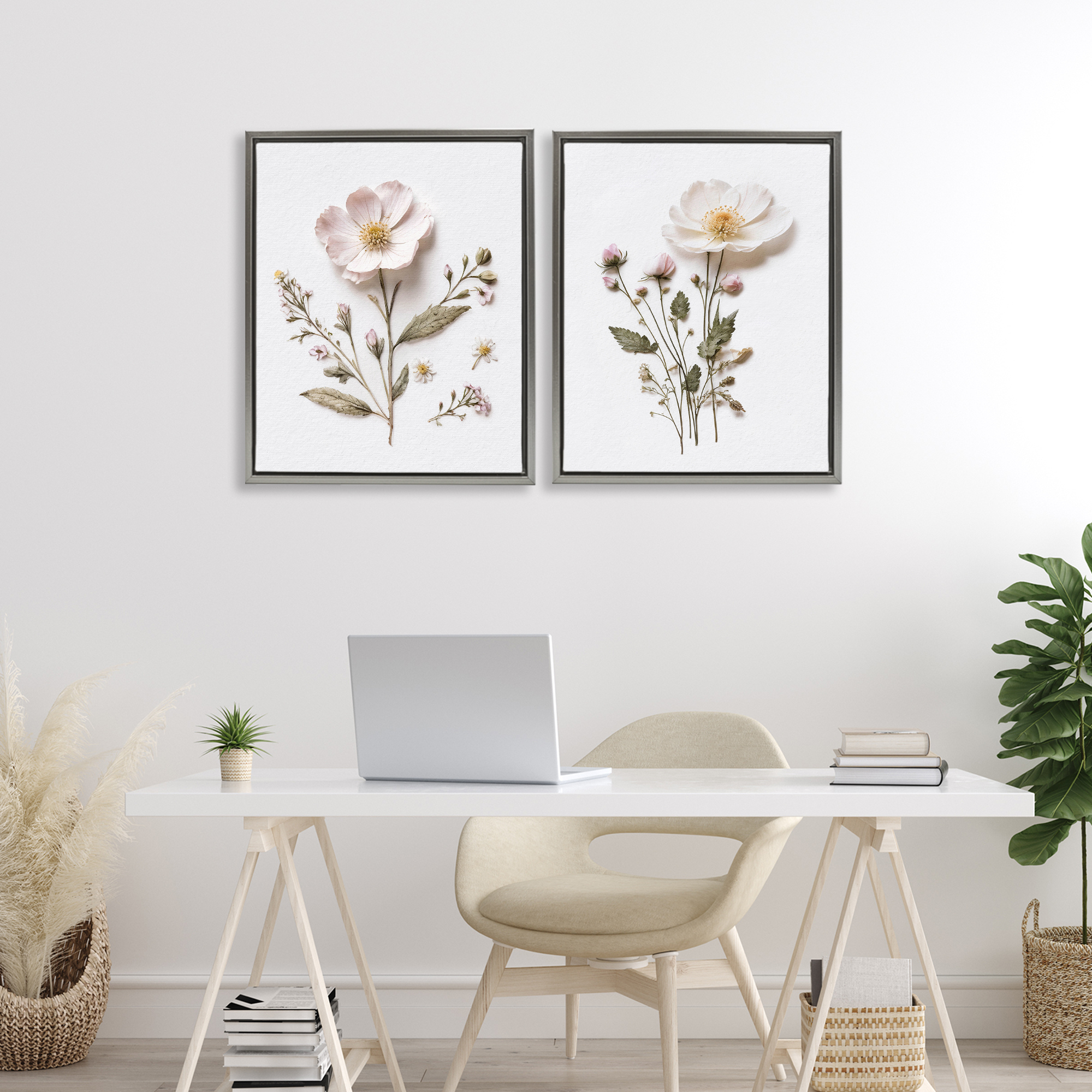 Minimal Pressed Flowers 2 Piece Gray Framed Floater Canvas Set, design by Lettered and Lined