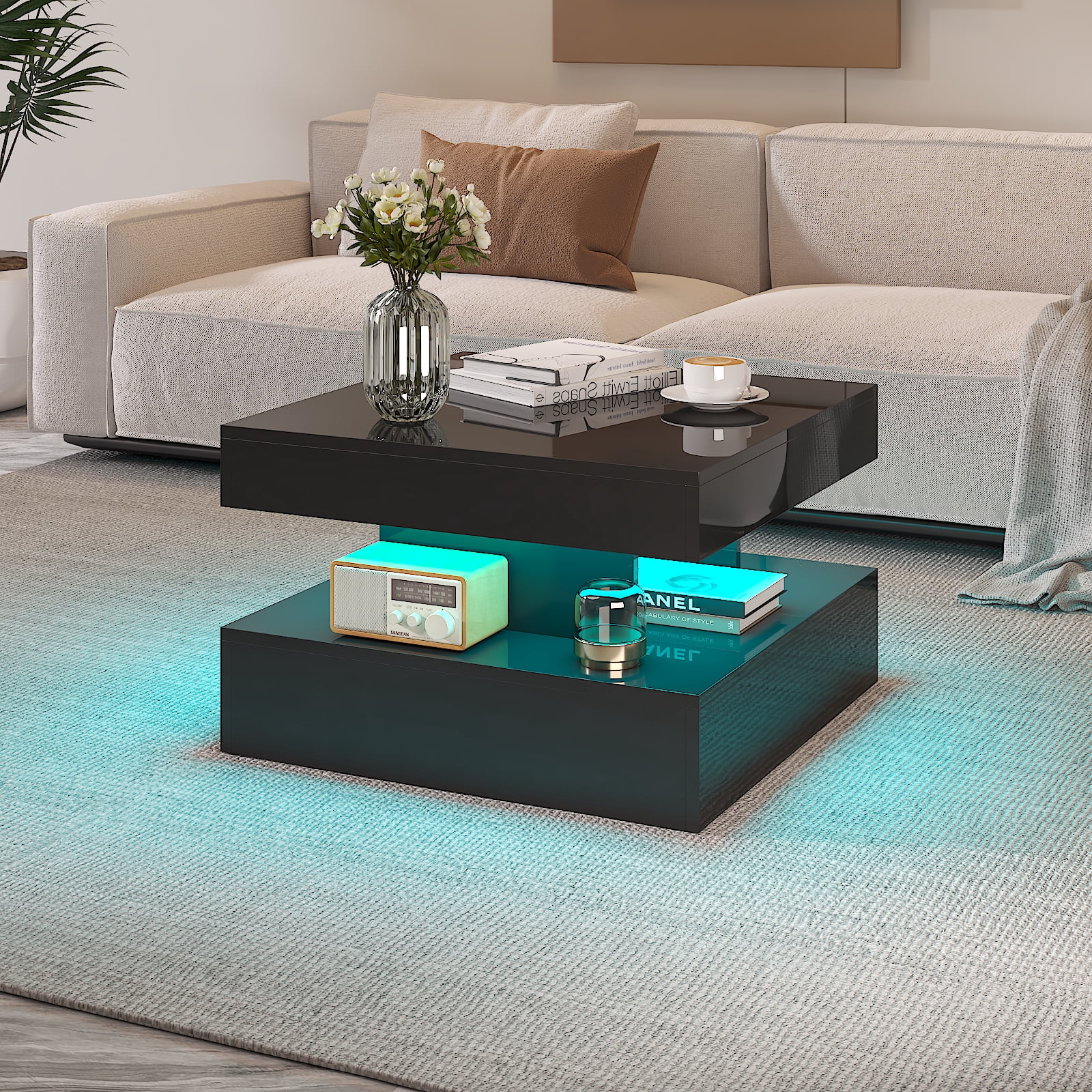 Hironpal Small Black Coffee Table with Light,24" LED Center Table in Living Room,Modern Coffee Table with Storage,Black