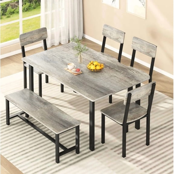 MOOSENG Modern Dining Table Set for 6, Kitchen Table and Chairs with Bench, 6-Piece Gray Wood Dining Room Set, Space Saving Small Dining Table for Living Room
