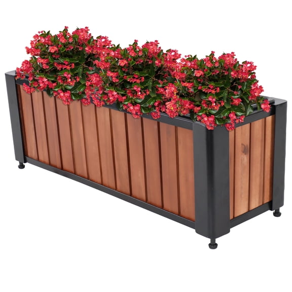 Sunnydaze 24" x 8.25" x 8.75" Rectangular Slatted Acacia Wood Planter Box with Liner