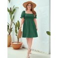 thumbnail image 5 of Plus Size Women Casual Dress Square Neck Puff Sleeve Smocked Waist Flowy Short Dress for Vacation Green XXXL, 5 of 8