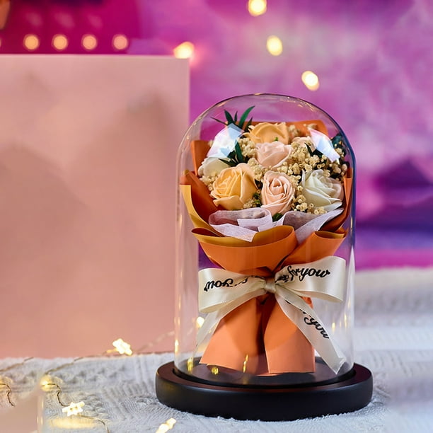 Rosa Eterna En Cúpula de Cristal - Ramo de Flores Preservadas En Caja de Regalo con Luces Led, 7.87 X 4.72 X 4.72 Pulgadas, Regalo para San Valentín, Navidad y Aniversario - Rosa, Naranja o Azul