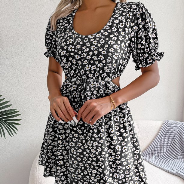 Vestido Estampado Vestido estampado de mujer Cuello redondo Ahuecado Vestido con cordones Tela diaria (Negro S) Cgtredaw Para estrenar