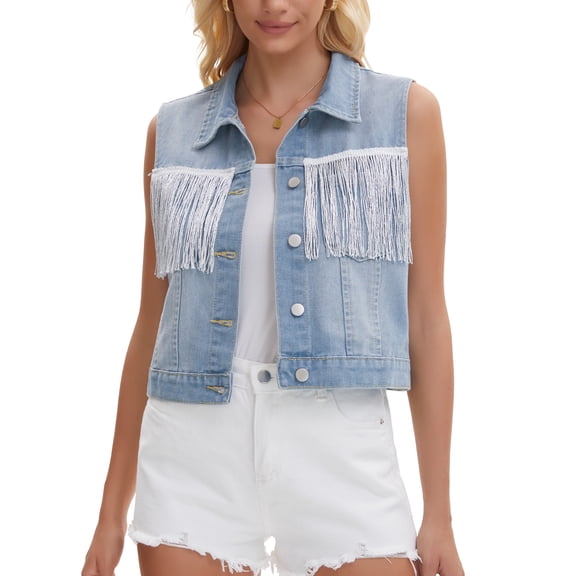 DARING DIVA Women's Button Down Sleeveless Tassel Trim Fringe Jean Vest S Light Blue