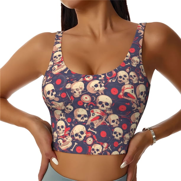 Balery Skull rock music record Sujetadores deportivos con espalda cruzada para mujer, acolchados, sin costuras, de alto impacto, ideales para yoga, gimnasio, entrenamiento y fitness.-Large