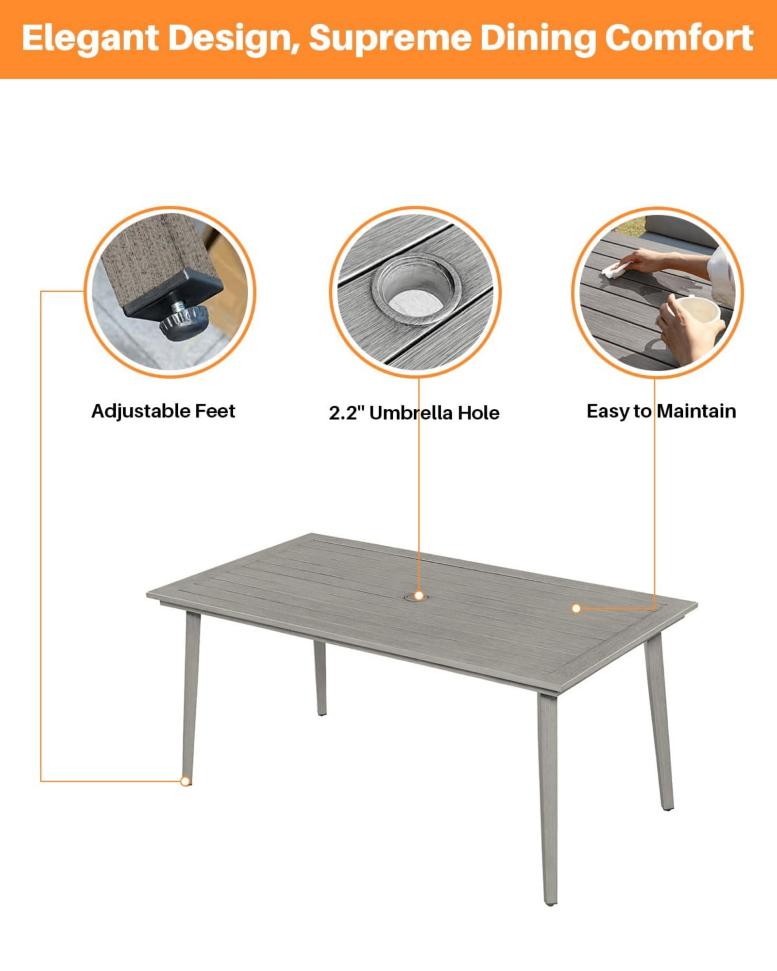 Outdoor Patio Dining Table for 6, Aluminum Outdoor Dining Table with Umbrella Hole, All Weather Patio Table for Garden, Deck, Porch, Lawn, Backyard, Gray