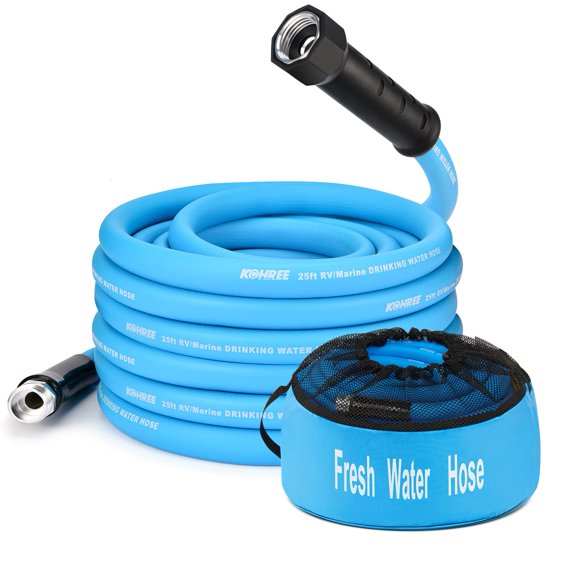 Manguera de agua para autocaravanas Kohree de 25 pies con bolsa de almacenamiento de 5/8 pulgadas, sin fugas, azul
