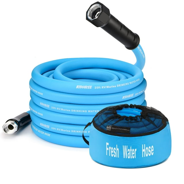 Manguera de agua para autocaravanas Kohree de 25 pies con bolsa de almacenamiento de 5/8 pulgadas, sin fugas, azul