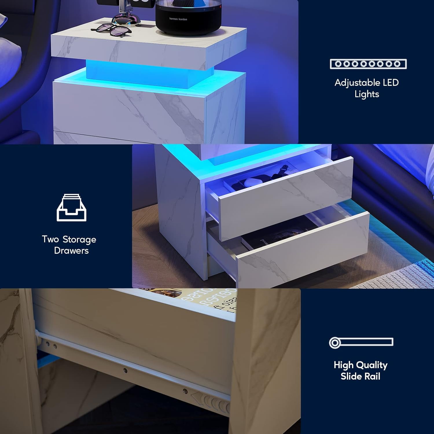 Aukfa Modern LED Nightstand Bedside Table End Side with 2 Drawers for Bedroom,White Stone