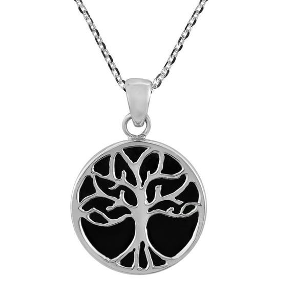 Striving Tree Of Life Inlaid Black Onyx Sterling Silver Pendant Necklace
