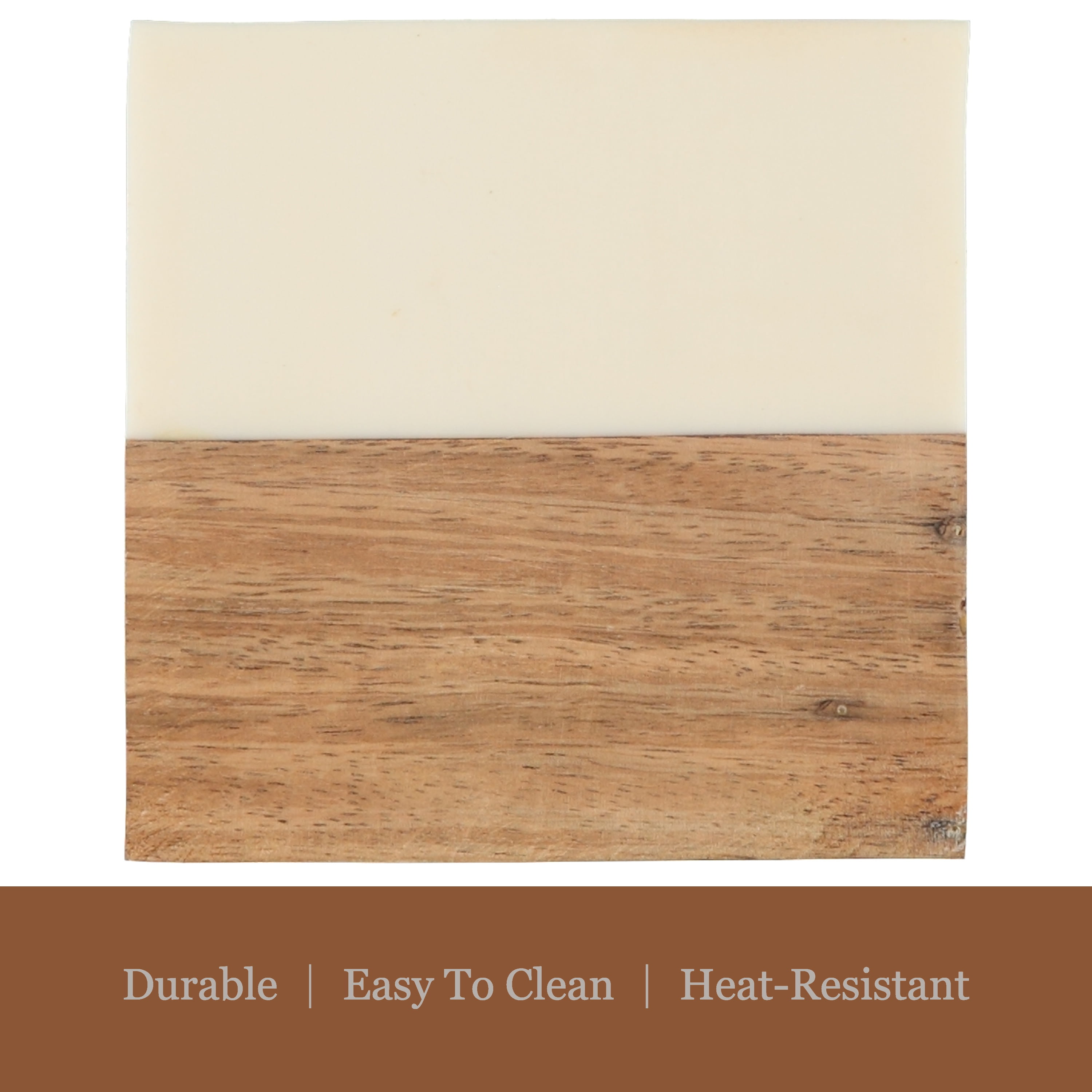 Dainty Home 4-Piece Square Wood and Ivory Resin Coaster Set – 4" Modern Decorative Drink Coasters