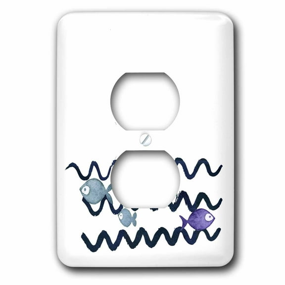3dRose, Waves and Fishes Minimalistic Watercolor Illustration, 2 plug outlet cover