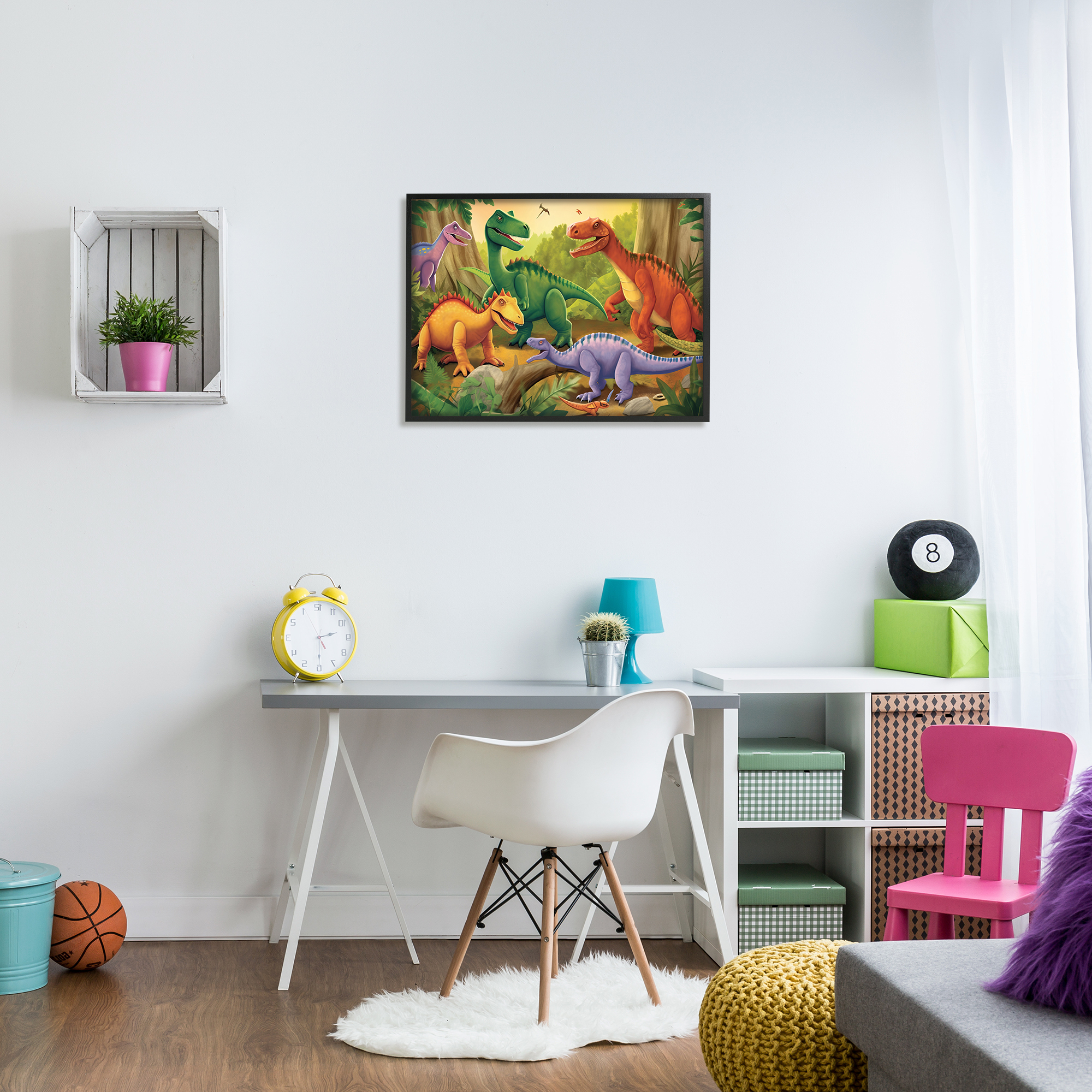 Stupell Industries Dinosaurs in Jungle Scene Animals & Insects Painting Black Framed Art Print Wall Art, 30 x 24