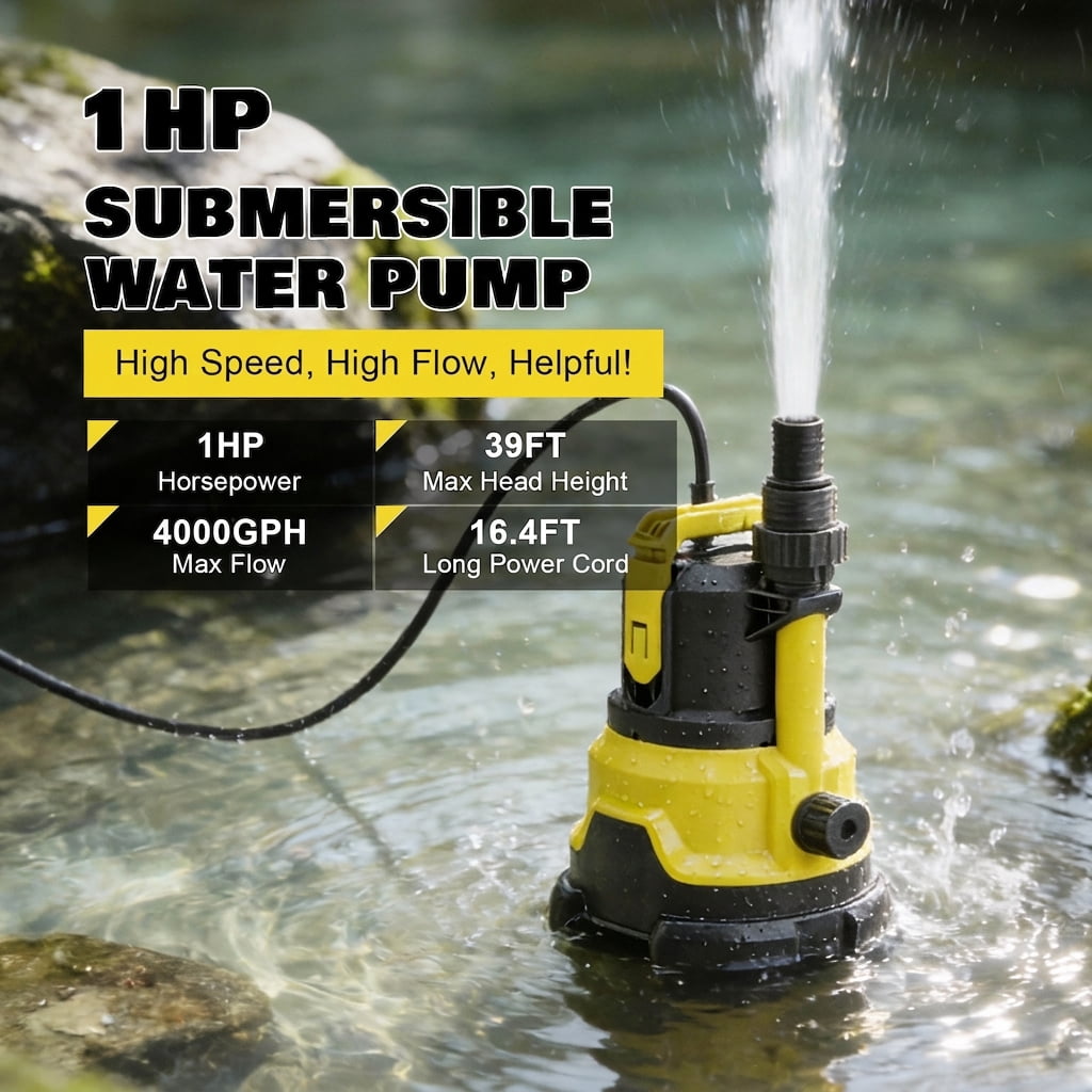 1HP Submersible Sump Pump, Upgraded Pool Cover Pump with Dual Water Outlets & Filter Net - 3500GPH Portable Electric Transfer Pump for Pool, Hot Tubs, Basement Floods, Yellow