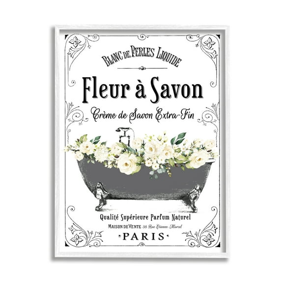 Stupell Industries Fleur a Savon Vintage Parisian Bathroom Floral Tub Graphic Art White Framed Art Print Wall Art, 11x14, by Lettered and Lined
