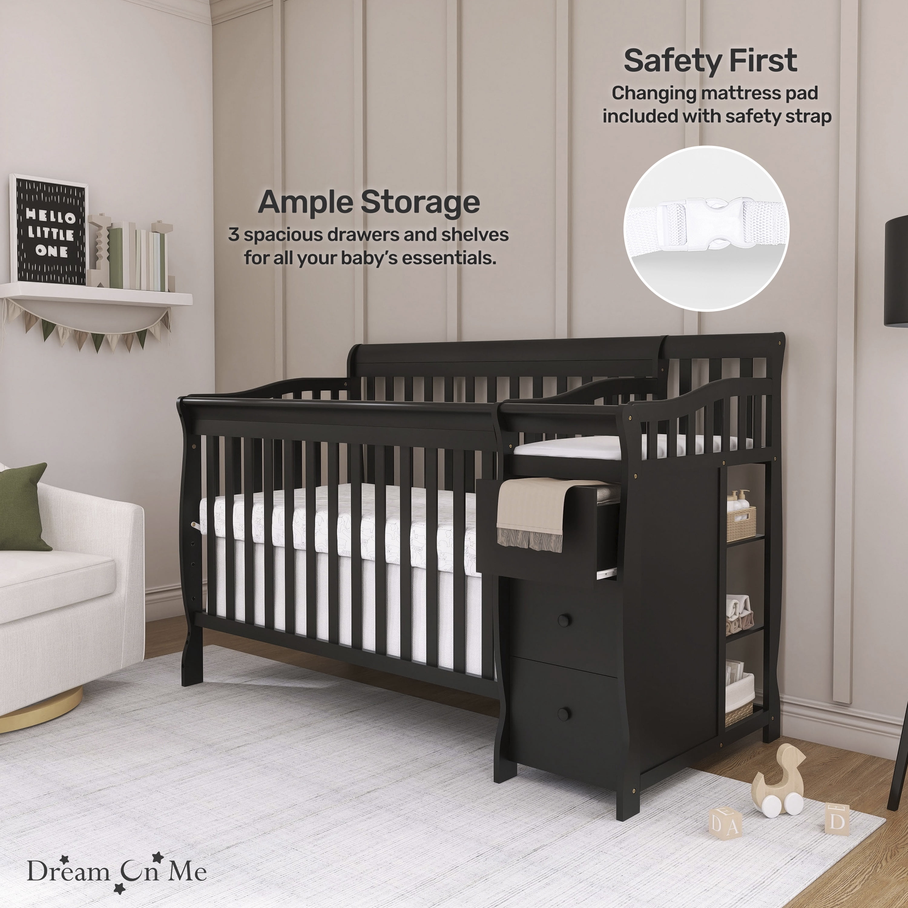 Dream On Me Brody 4-in-1 Fixed-Side Convertible Crib and Changing Table Combo, Black