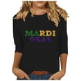 thumbnail image 2 of Women's Mardi Gras Shirts Carnival Printed 3/4 Sleeve Casual Round Neck Loose T-shirt Black S, 2 of 5