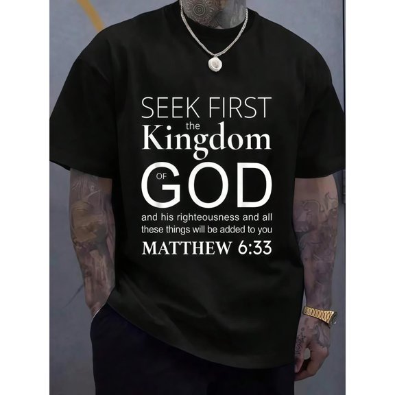 Emotion - Evoking Biblical - Themed Art Tee,Tops Showcases "SEEK FIRST ... MATTHEW 6:33" Text Design, Short - Sleeved T - shirts, Size(S - 5XL)