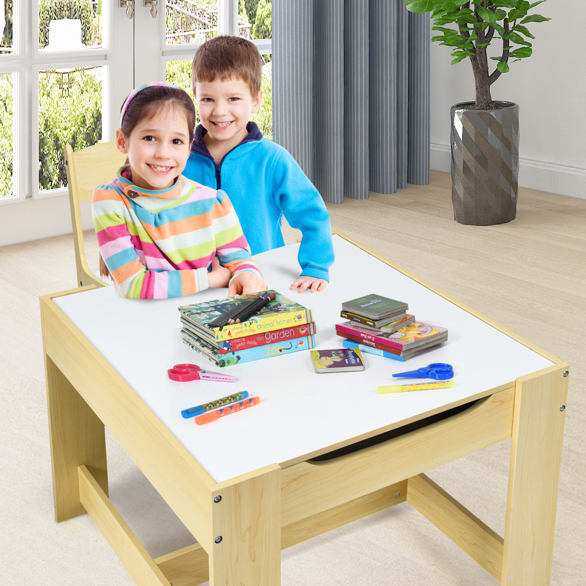 Costway Kids Table Chairs Set With Storage Boxes Blackboard Whiteboard Drawing Nature - image 3 of 10
