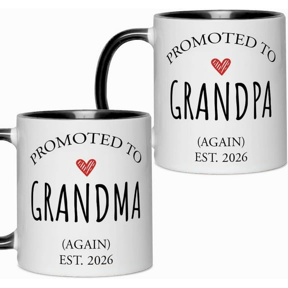 Promoted to Grandma Grandpa Again Est.2026 Mugs Set Gift for New Grandparents, Baby Shower Pregnancy Announcement Gifts For Grandparents 11OZ Tea Cup