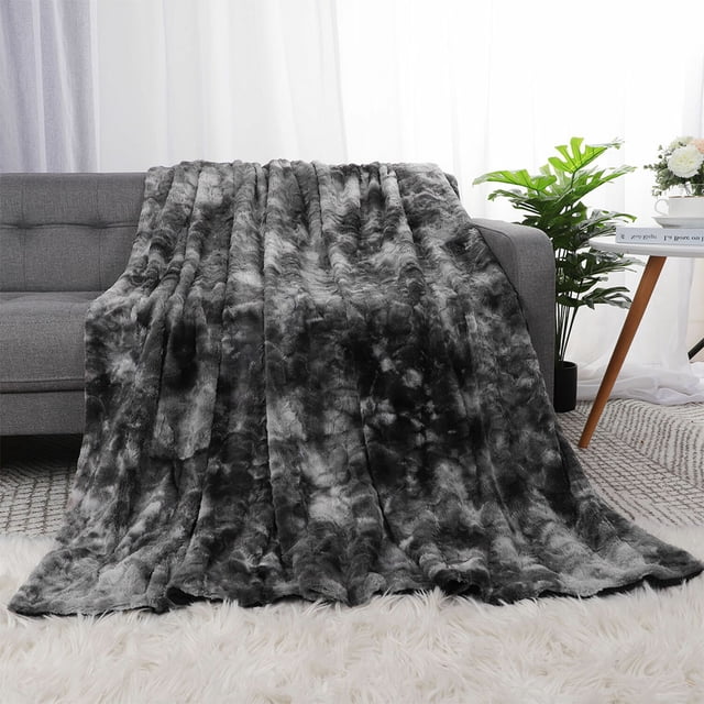 Double-Sided Faux Fur Throw Blanket - Plush Velvety Soft Material - Luxury Softness & Warmt Black and Gray 63 x 78 Inch