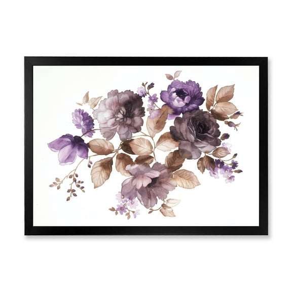 Designart 'Purple Retro Flowers With Brown Leaves On White' Traditional Framed Art Print