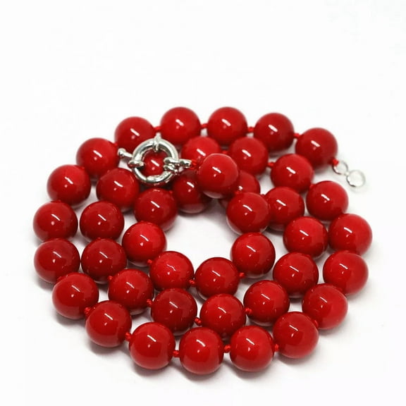 K-KED 8mm Coral Red South Sea Shell Pearl Round Beads Necklace 18''