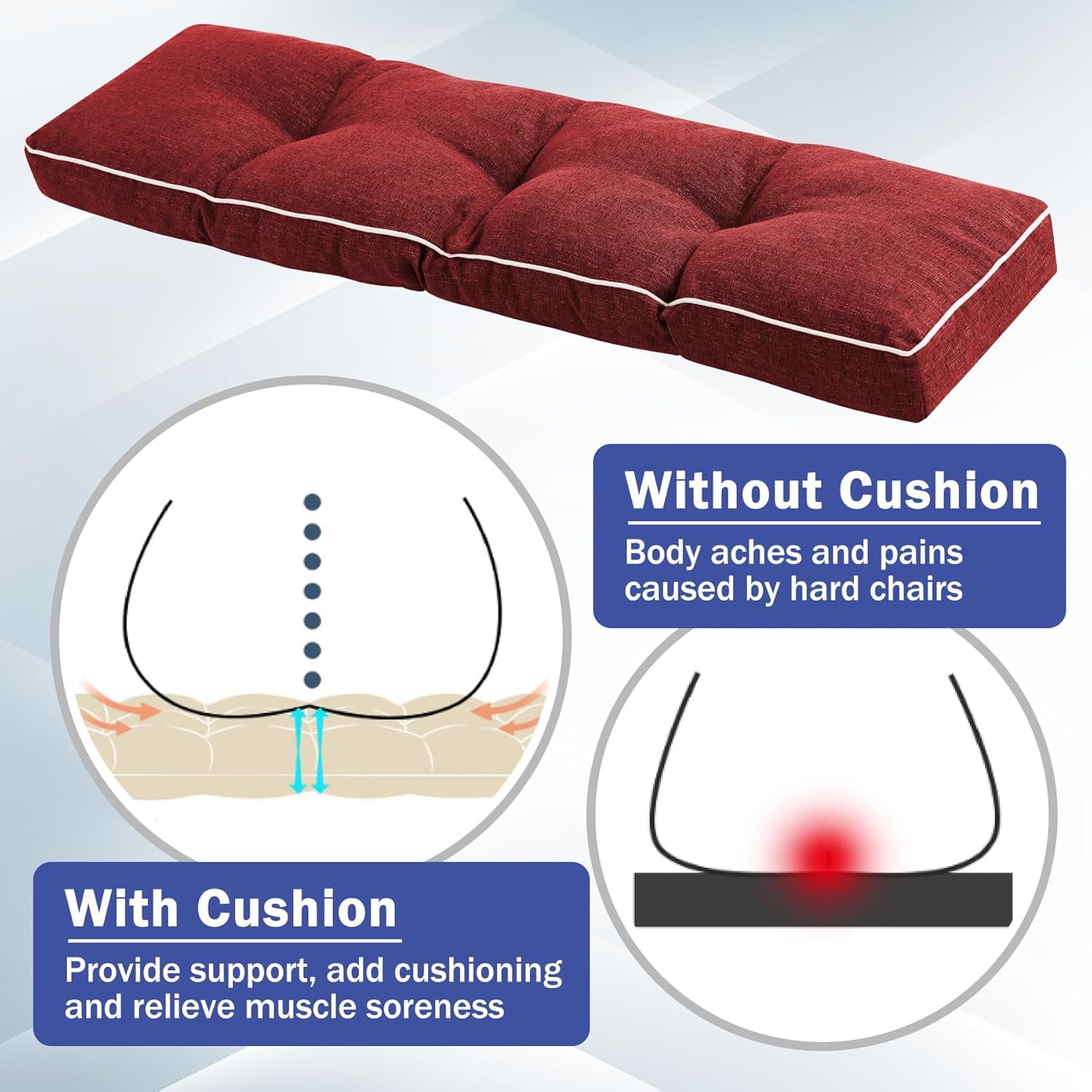 Bench Cushions for Outdoor Furniture, 42 x 16 Inch Outdoor Bench Cushion, Patio Bench Cushion with Durable Ties, Long Patio Seat Cushions for Garden, Indoor, Kitchen&Dining, Red