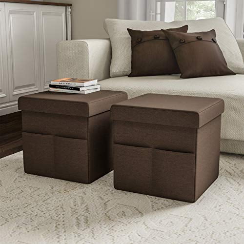 Lavish Home Foldable Storage Cube Ottoman with Pockets - Multipurpose Footrest Organizer for Bedroom, Living Room, Dorm or RV (Pair, Linen Brown),