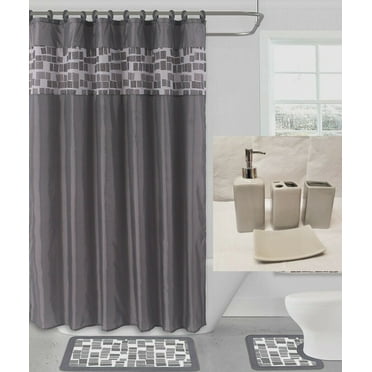 19-Piece Bathroom Set 2 Rug Mat Non Slip, 1 Shower Curtain, 12 Fabric Rings, 4pc Ceramic Accesories Various Colors Bathroom set For Home Decor Mosaic Grey