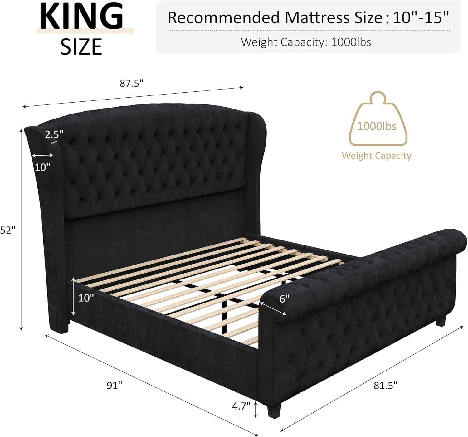 Amerlife King Size Platform Bed Frame, Velvet Upholstered Sleigh Bed with Scroll Wingback Headboard and Footboard, Button Tufted, Black
