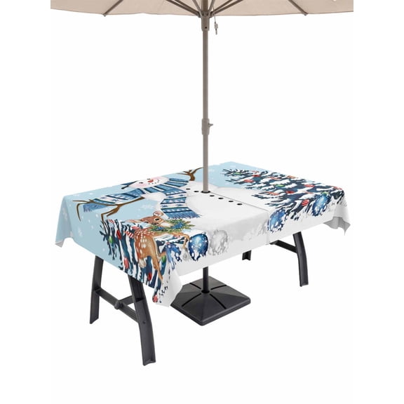 Outdoor Tablecloth with Umbrella Hole and Zipper, Light Blue Snowman Christmas Rectangle Table Cloth 60x84 Inch Waterproof Tablecloth, Xmas Tree Ball Snowflake Elk Picnic Table Cover for Patio