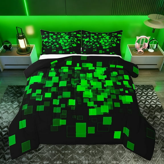 Homewish Fashion Square Honeycomb Bedding Comforter Set for Teen, Neon Gradient Abstract Twin Comforter Sets, Green Checkered Reversible Bedding Set, Lightweight Room Decor, 2pcs