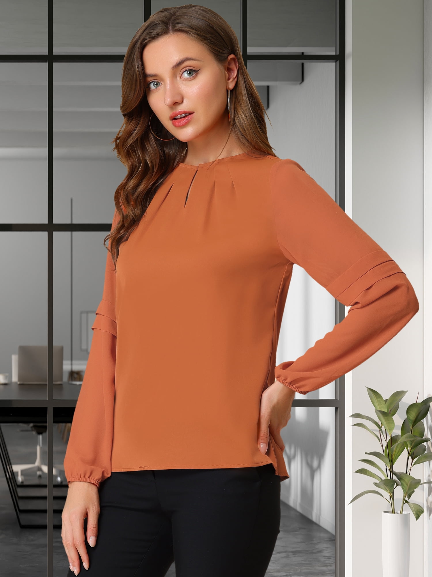 DARING DIVA Chiffon Semi Sheer Long Sleeves Keyhole Neck Blouse XL Orange