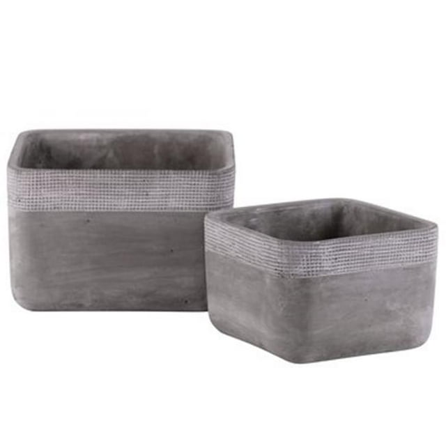 Pot Carré en Ciment avec Dessus de Jante Rayé Brossé&44; Gris - Lot de 2