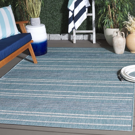 SAFAVIEH Courtyard Dev Striped Indoor/Outdoor Area Rug, Aqua/Grey, 5'3" x 7'7"