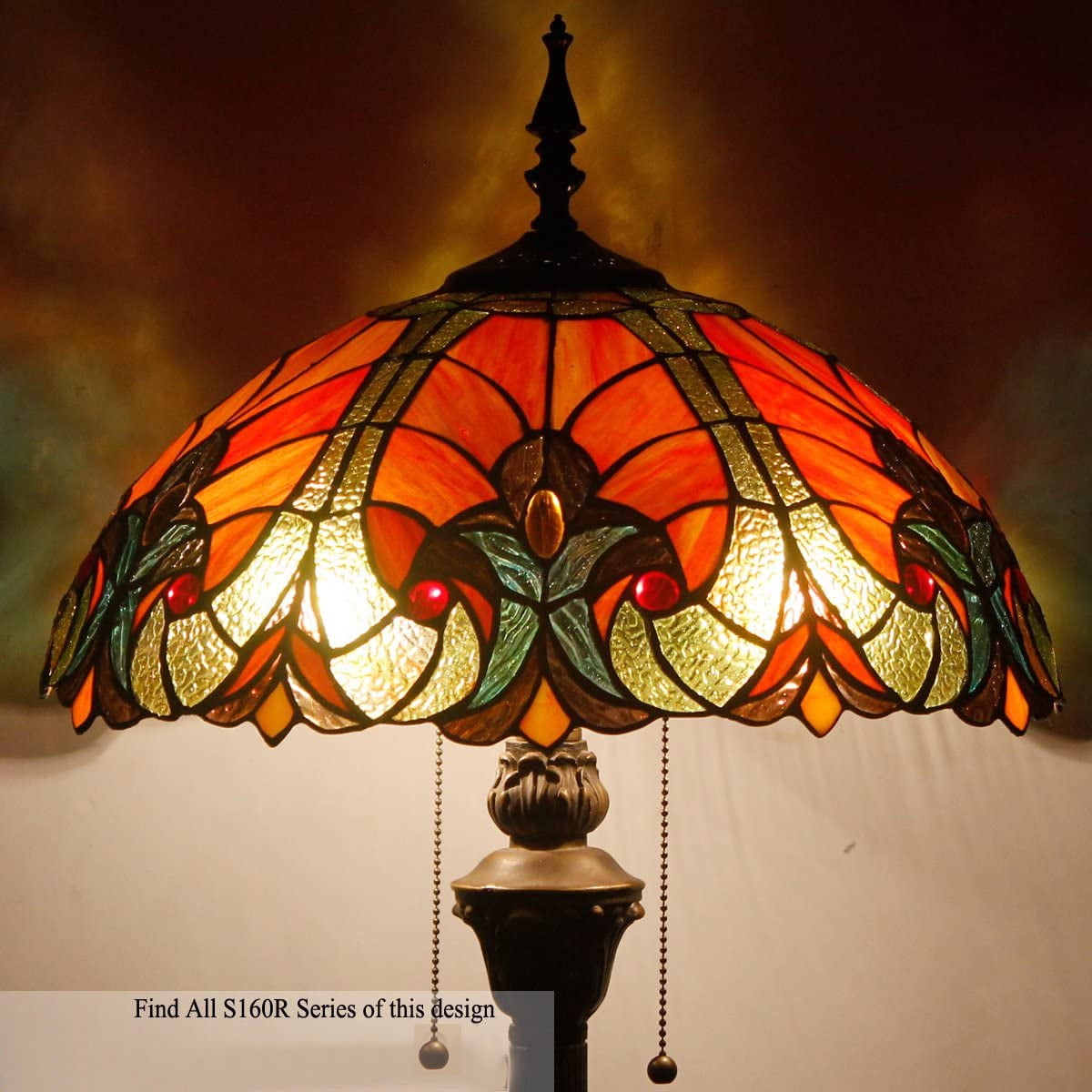 Tiffany Floor Lamp LED Art Bright Standing Reading Light 64" Tall Red Liaison Stained Glass Shade Boho Industrial Bronze Pole Vintage Base Kids Bedroom Living Room Corner Farmhouse Office
