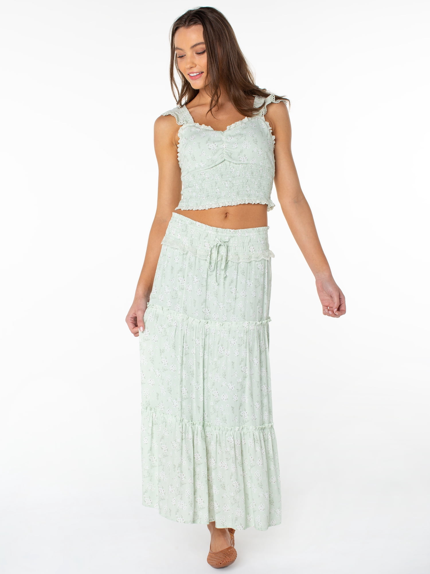 Celebrity Pink Women's and Women's Plus Floral Print Tiered Maxi Skirt, Sizes XS-4X