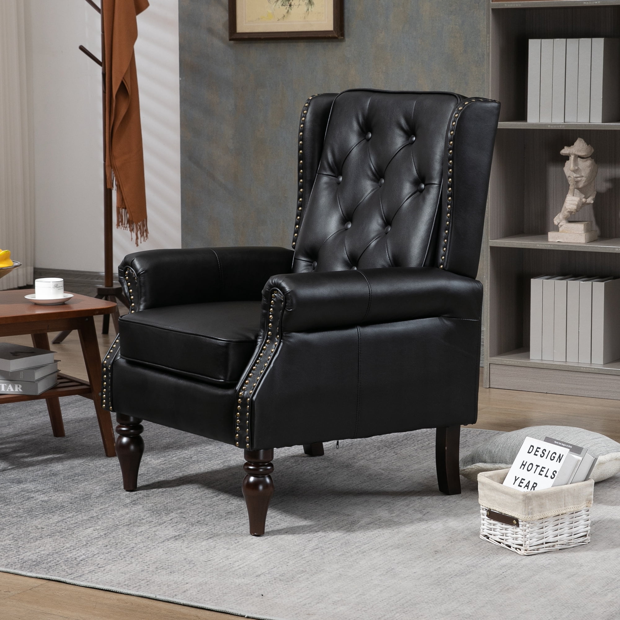 Miniyam PU Leather Armchair with Wood Frame, Modern Accent Chair Lounge Chair with Sturdy Wood Legs, for Living Room Bedroom,Black
