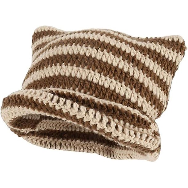 Gorro de punto para gato, gorro de punto suave y holgado a rayas, gorros holgados vintage para mujer, gorro de punto con orejas de gato, gorros cálidos de invierno para mujer (marrón beige)