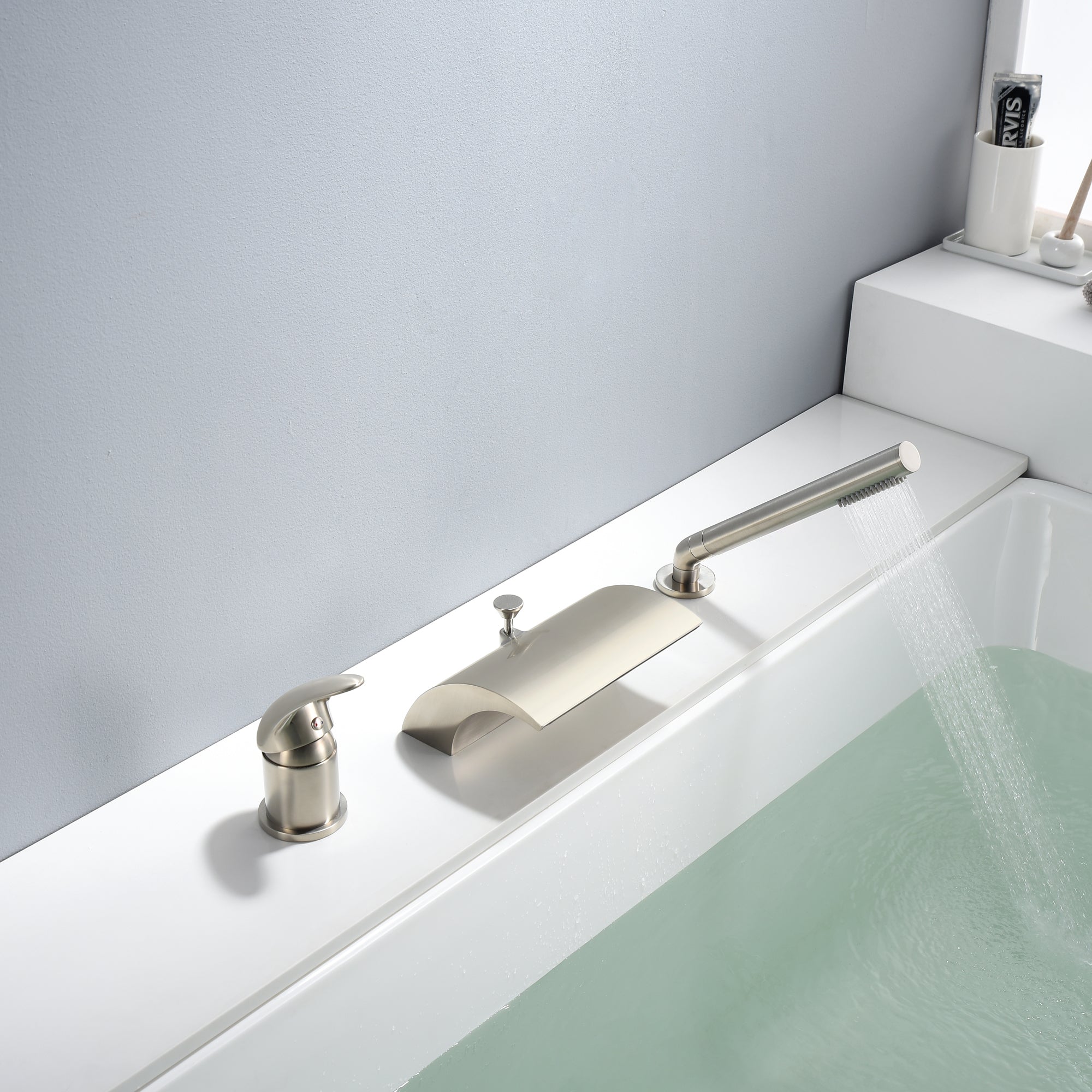 Sumerain Waterfall Roman Tub Faucet with Diverter Brushed Nickel, High Flow Waterfall Tub Filler
