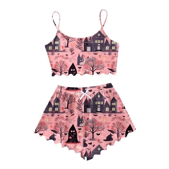 Women's Halloween Themed Sleeveless Camisole Top and Shorts Pajama Set for Cozy Comfortable Sleepwear and Wear