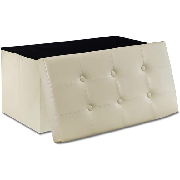 REMSOFT Folding Toy Box Chest with Memory Foam Seat Tufted Faux Leather Trunk Bedroom Ottomans Bench Foot Rest Stool, 30 Inch, Button Black